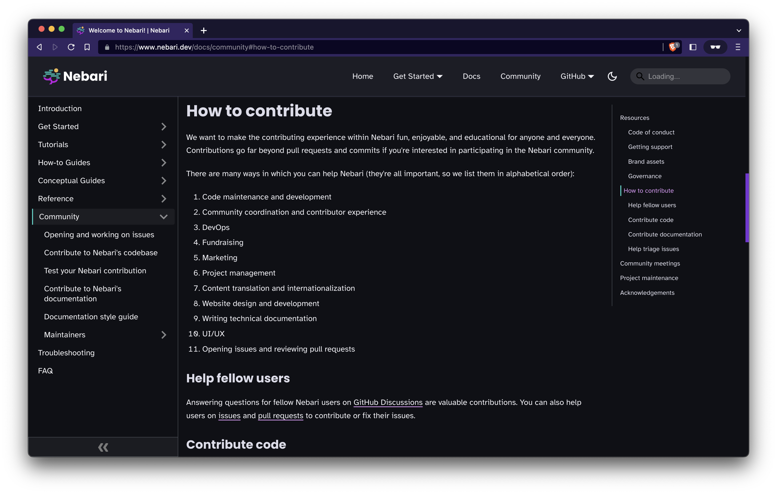 A browser window showing Nebari documentation's "Community" page open to the "How to contribute" section. It highlights the different ways to contribute including code maintenance, community coordination, website design, UI/UX, technical documentation, and much more!